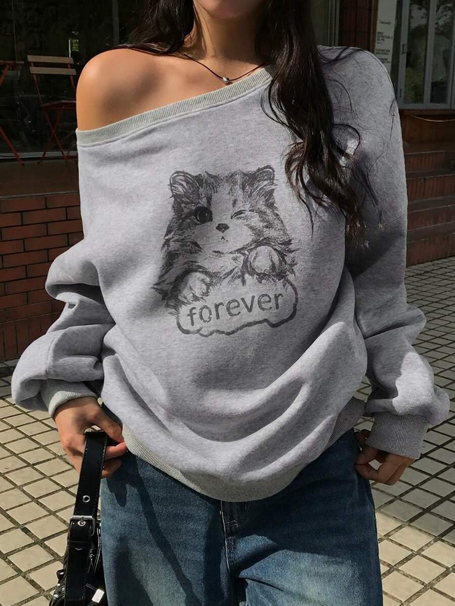 DAZY Grey Crew Neck Cat & Letter Print Loose Drop Shoulder Long Sleeve Casual Versatile Asymmetrical Pullover Sweatshirt Hoodies - Light Grey - View 1