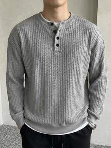 DAZY Spring/Autumn Round Neck Half-Zip Grey Floral Print Ribbed Cuff & Hem Pullover Sweatshirt For Men - Grey - View 2