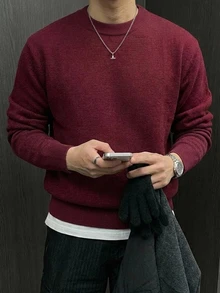 DAZY Autumn/Winter Burgundy Ribbed Hem & Cuff Loose Fit Korean Style Men's Sweater Christmas - Burgundy - View 5