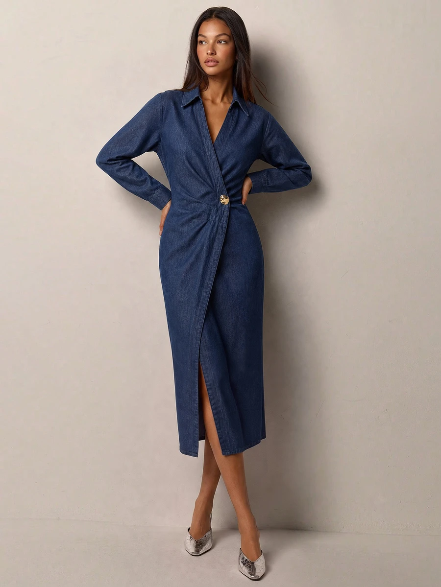 CielaLinda Women's Pleated Casual Daily Summer Denim Dress - Medium Wash - View 1