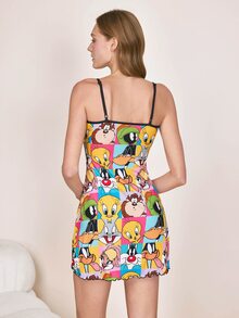LOONEY TUNES X SHEIN 女款全印花休閒日常居家細肩帶睡裙 - 黃色 - 查看 2