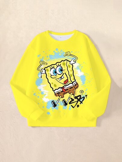 SpongeBob SquarePants | SHEIN Sudadera casual de manga larga con cuello redondo y estampado de dibujos animados para niño preadolescente
