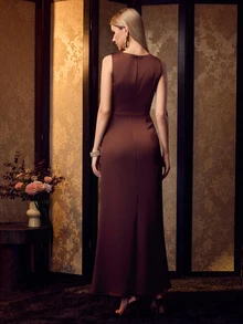 MOTF Soiréza WOMEN'S PLEATED SATIN HIGH-END DRAPED COWL NECK ELEGANT EVENING DRESS - Coffee Brown - View 3