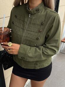 Dazy Plus Autumn Stand Collar Parka Jacket Green Button Decor Loose Casual Street Outdoor Denim Jacket - Army Green - View 1