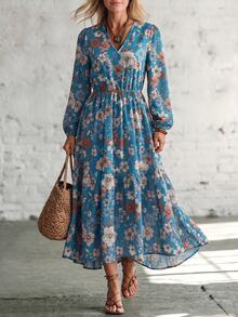 Hansera Elegant Floral Print V-Neck Long Sleeve Dress For Middle-Aged Women, Suitable For Outings And Vacations - Multicolor - View 1