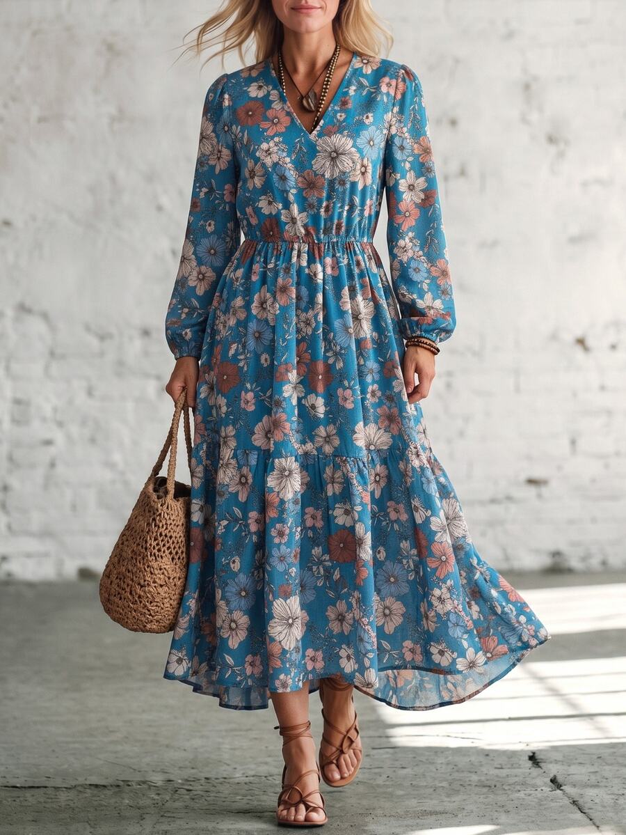 Hansera Elegant Floral Print V-Neck Long Sleeve Dress For Middle-Aged Women, Suitable For Outings And Vacations - Multicolor - View 1