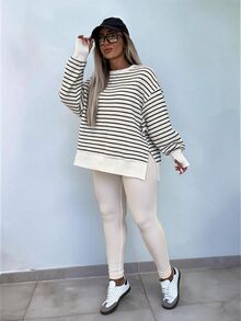 Easura Plus Size Women's Autumn/Winter Striped Fabric Color-Block Sweatshirt Set, Loose Top And Fitted Bottom, Casual Daily Commute Fall - Multicolor - View 4