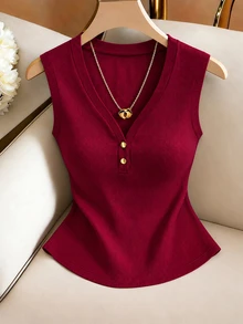 Franclia Women's Solid Color Button Design V-Neck Casual Versatile Tank Top - Burgundy - View 5