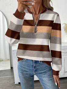 EMERY ROSE Plus Size Women Casual Textured Striped Print Zip-Up Crew Neck Sweatshirt, American Minimalist Style Fall - Multicolor - View 4
