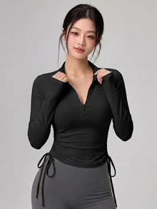 DAZY 秋季韓式立領長袖收腰彈性米色休閒瑜伽修身女款運動T恤 - 黑色 - 查看 2