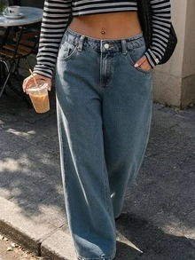 Dazy Plus Solid Color Washed Loose Wide Leg Pants, Elegant Versatile Slimming Long Denim Jeans, All Season - Medium Wash - View 6