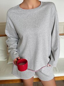 Dazy Plus Set Pakaian Santai 2 Potong: Kaos Lengan Pendek Polos Longgar & Celana Pendek Piyama Lurus - Grey - View 6