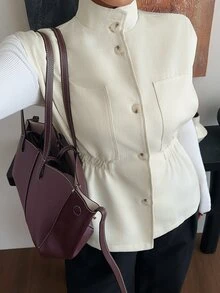 Dazy Plus Small Stand Collar Sleeveless Cinched Waist Tie Casual Loose Regular Fit Jacket - Beige - View 5