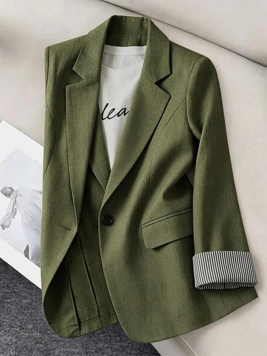 GlowEve CURVE Plus Size Women's Summer Fashion Casual Smart Daily Office Working All-Match Versatile Olive Green Patchwork Sleeve Blazer - Army Green - View 1