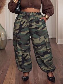 Slaydiva Plus Size Camo Print Cargo Pants, High Waist Multi Pocket Baggy Wide Leg Streetwear Trousers - Green - View 10