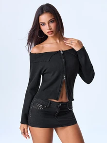 Y2Kool Women's Black Short Cold Shoulder Zipper Lapel Sweater, Slim Fit Comfortable Cardigan, Suitable For Commuting, Dating, Shopping And Vacation Outfits - Black - View 4