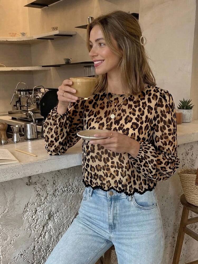 Serisse Women's Round Neck Long Sleeve Brown Leopard Print Contrast Tie Back Knot Fashion Blouse Brunch Tea AutumnWork Casual Going Out Vacation Party - Multicolor - View 4