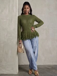 BamGlimmer Crew Neck Hollow Mesh Long Sleeve Knit Top, Niche Design Double Layer Tassel Hem Short Knit Cover-Up - Army Green - View 5
