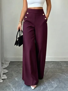 SHEIN LUNE CURVE Plus Striped Print Button Decor Wide Leg Pants Fall - Burgundy - View 3