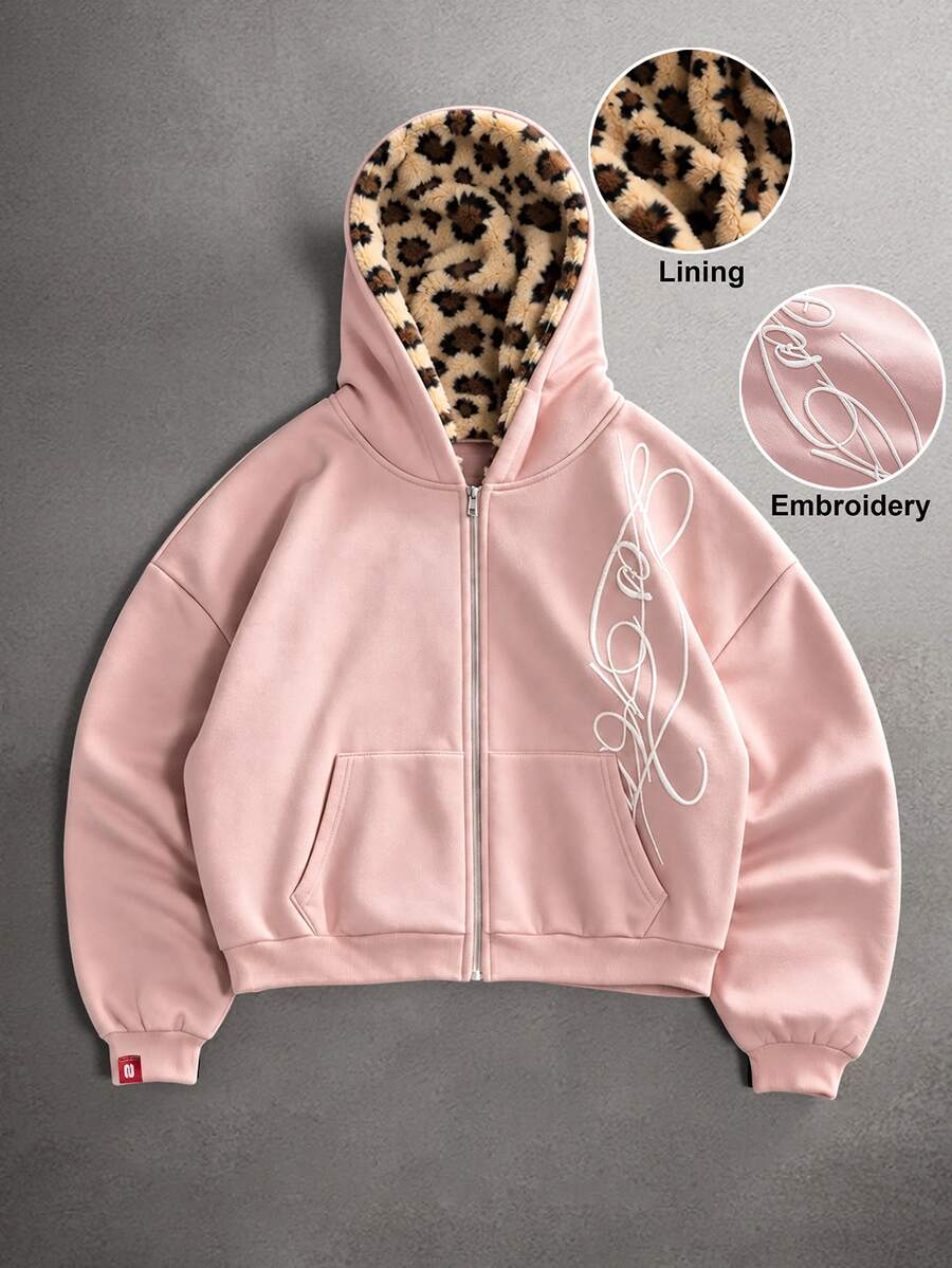 STYNVO Men's Embroidered Zip-Up Long Sleeve Hooded Sweatshirt - Pink - View 1