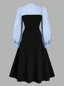 Auvina Plus Size Women Striped Solid Color Patchwork 2 In 1 Dress, Elegant Long Sleeve Lapel Dress Maxi Wom - Blue and White - View 2