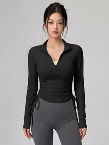 DAZY 秋季韓式立領長袖收腰彈性米色休閒瑜伽修身女款運動T恤 - 黑色 - 查看 6