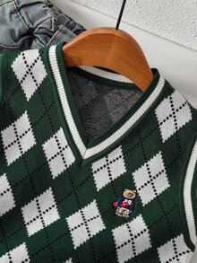SHEIN Vintaside Kids 小男孩鑽石格紋休閒日常穿著針織背心 - 墨綠色 - 查看 5