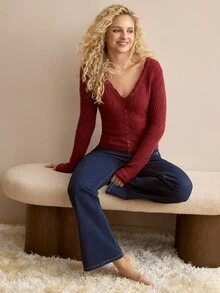 MOTF PREMIUM WOMEN'S SOLID COLOR V-NECK CASUAL DAILY CARDIGAN - Burgundy - View 1