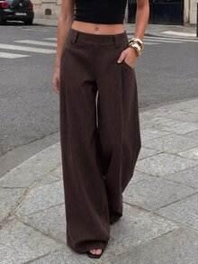 SHEIN PETITE 女款素色百褶口袋直筒寬鬆休閒長褲 - 棕色 - 查看 8