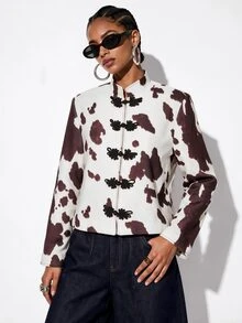 Aveloria GENKIRA Women's Fall Tweed Jacket, Off-White Colorblock Cow Print Animal Pattern, 3D Contrast Frog Buttons, Handmade Heavy Embellishment, Retro 70s Brunch - Multicolor - View 5