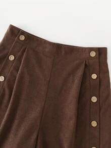 LUMIGAL Women's Brown Corduroy Button Decor High Waist Long Pants - Coffee Brown - View 3