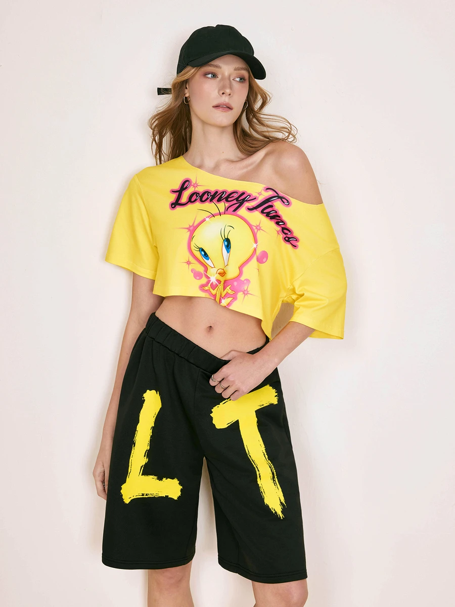 LOONEY TUNES X SHEIN Women's Letter Print Asymmetrical Shoulder Top And Shorts Casual 2 Pieces Set LOONEY TUNES - Yellow - View 1