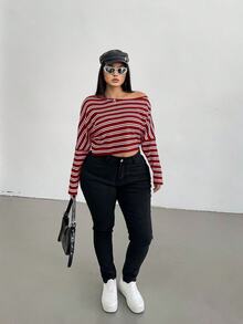 Flirla 大尺碼女款黑白條紋華夫格斜肩長袖T恤，春秋日常休閒簡約圖案上衣 - 酒紅色 - 查看 4