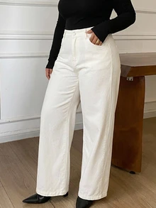 Dazy Plus White Loose Straight Leg Casual Jeans With Back Pocket Decor Design - White - View 3