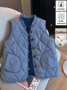 SHEIN Clasi 女款格紋休閒百搭冬季加厚棉墊背心 - 藍白色 - 查看 1