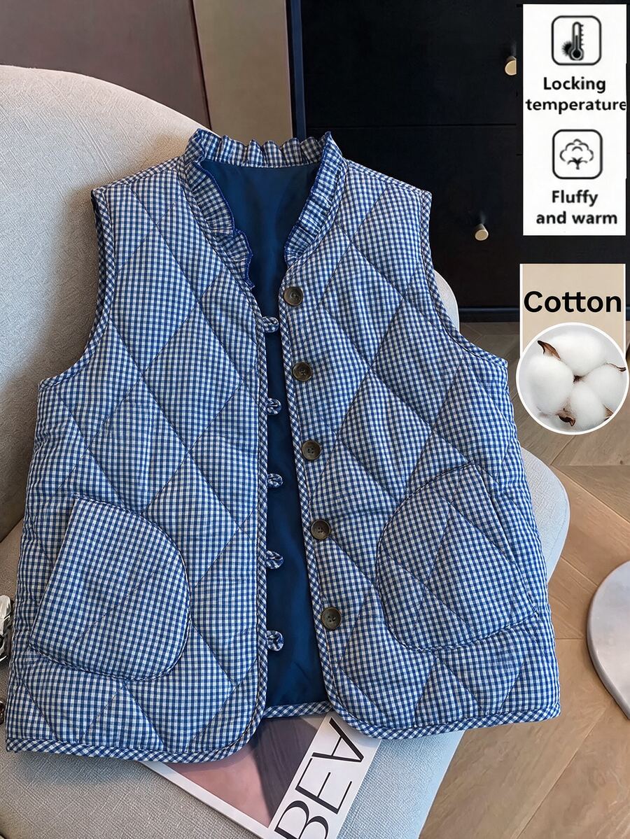 SHEIN Clasi 女款格紋休閒百搭冬季加厚棉墊背心 - 藍白色 - 查看 1