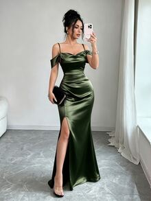 Elenzga Women's Summer Elegant Solid Color Off-Shoulder Spaghetti Strap High Slit Dress - Dark Green - View 7