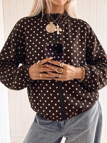 SHEIN EZwear 女款波點拉鍊休閒百搭長袖夾克 - 棕色 - 查看 6