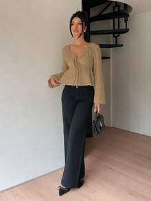 Siren Gaze 秋季女款條紋深V領修身長袖T恤，適合度假、派對、約會、節慶，Y2K風格，優雅休閒正裝商務鄉村風 - 棕色 - 查看 5