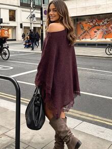 Aloruh Women's Autumn/Winter Loose Asymmetrical Shoulder Lace Patchwork Sweater - Burgundy - View 2