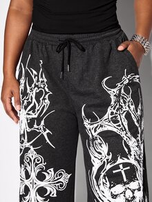ROMWE Street Life Plus Size Women's Black Casual Streetwear Skull Cross Pattern Sweatpants - Black - View 2