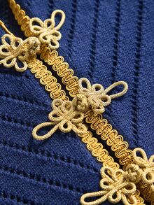 ROMWE Vintage Court Style Jacquard Woolen Navy Blue Contrast Gold Frog Button Women's Cardigan - Navy Blue - View 3
