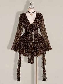 SHEIN ICON 大尺碼復古性感千禧風 Y2K 都市現代前衛大膽個性豹紋 V 領荷葉邊喇叭袖飄逸緞帶洋裝 - 彩色 - 查看 3