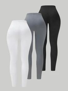 SHEIN Unity Women's Thermal Lined Leggings, Elastic Slim Fit Flattering Solid Color Versatile Tight Skinny Leg Pants For Autumn/Winter - Multicolor - View 2