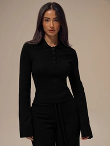 MUSERA ESSENTIALS ملابس علوية قصيرة رمادية مارل بياقة بولو مطوية وأزرار أمامية وجيب صدر واحد وأكمام ضيقة، ملابس أساسية مريحة للاستخدام اليومي والكاجوال - الأسود - مشاهدة 1