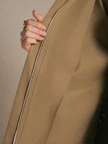 Poéselle Women's Solid Color Long Sleeve Zip-Up Casual Trench Coat Winter Jacket Khaki Belted Utility Trench Jacket, Zip-Front Long Sleeve Safari Coat - Khaki - View 9