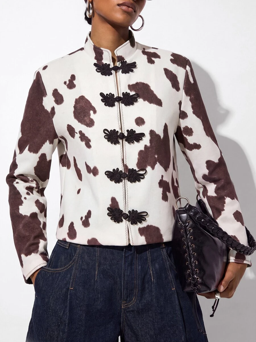 Aveloria GENKIRA Women's Fall Tweed Jacket, Off-White Colorblock Cow Print Animal Pattern, 3D Contrast Frog Buttons, Handmade Heavy Embellishment, Retro 70s Brunch