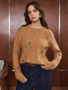 Anewsta Women's Autumn/Winter Fashion Sweet Style Little Bee Decor Long Sleeve Cable Knit Sweater, Versatile For Commuting And Holidays - Brown - View 3
