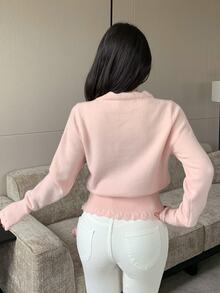 Modelyn Women's Contrast Lace Single-Breasted Long Sleeve Knit Cardigan - Pink - View 2