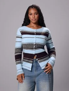 Rustia Plus Size Women's Striped Long Sleeve Single-Breasted Casual Knit Cardigan - Multicolor - View 1